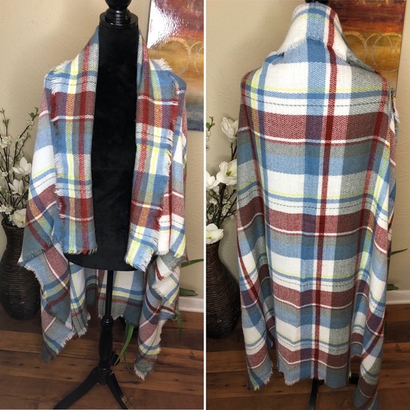 Plaid Blanket Scarf White Blue Gray Lime Green Red - Picture 2 of 7